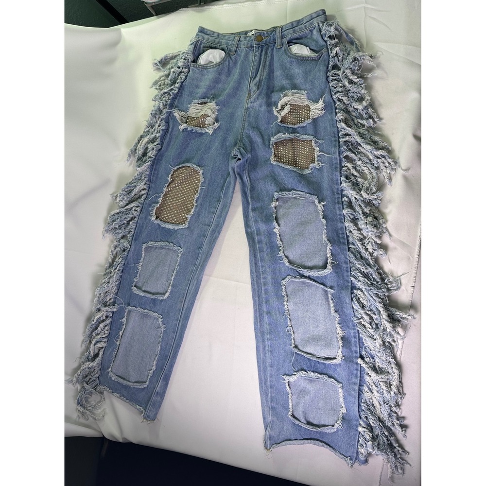N1 Los Angeles Fringe Distressed Rhinestone Fishnet‎ Patch Jeans Western Boho M